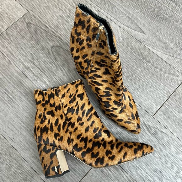 Sam Edelman Hilty Leopard Print Calf Hair Pointed Toe Ankle Boot Size W9.5 - Picture 1 of 6